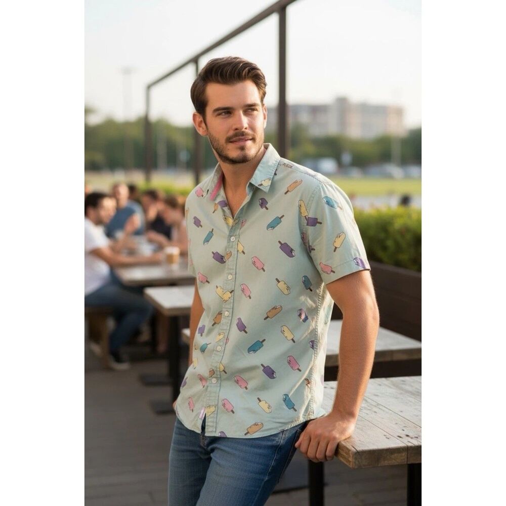 21Men Men's XS Popsicle Print Button Up Shirt Blue Short Sleeve Summer Novelty